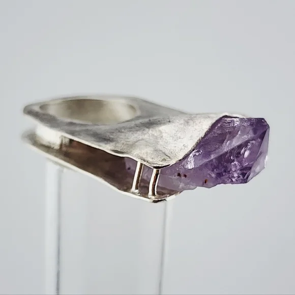 RAW AMETHYST STONE STATEMENT RING HANDMADE IN STERLING SILVER METAL SIZE 9